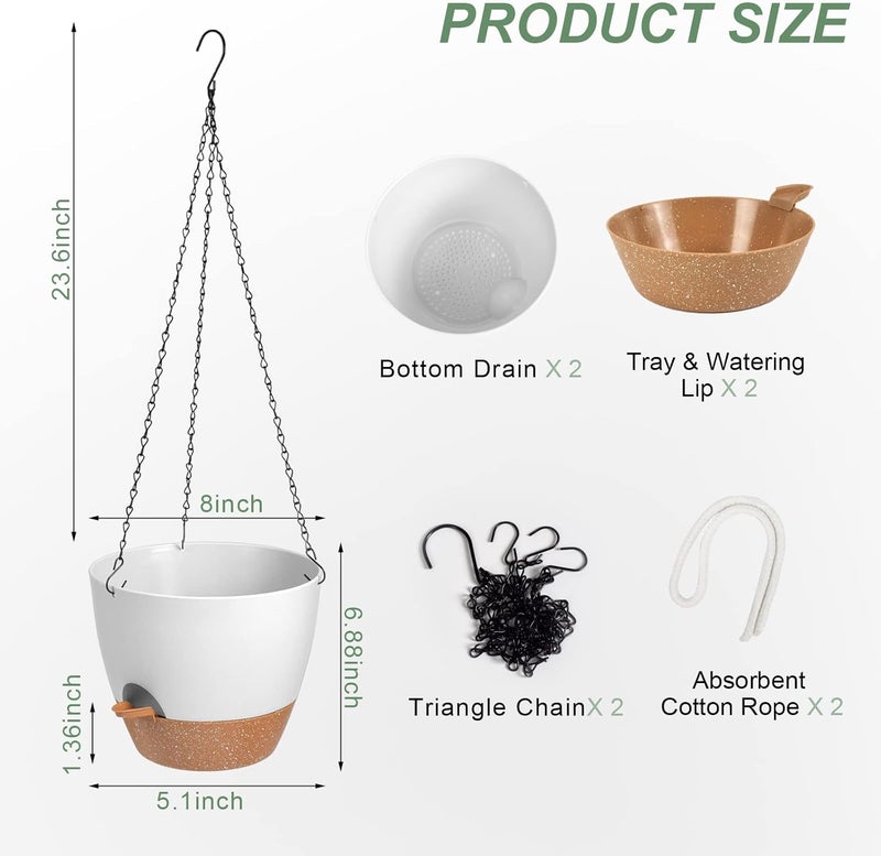 Vanslogreen Hanging Planters for Indoor Outdoor Plants, 2 Pack Self Watering Hanging Pot with Drainage Holes & Removable Tray (White, 8'') - Image 3